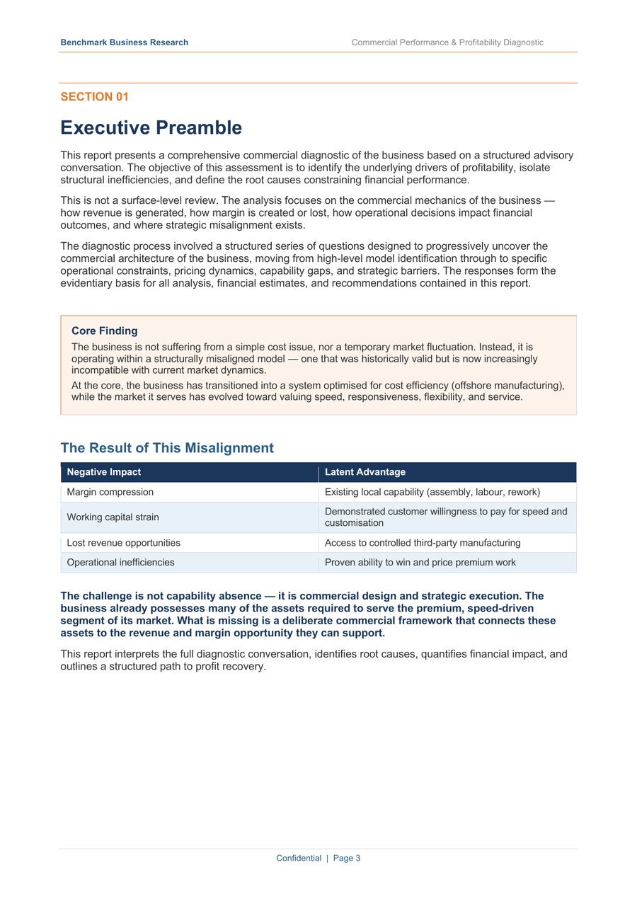 Sample report page 2 — Executive Preamble — Core Finding
