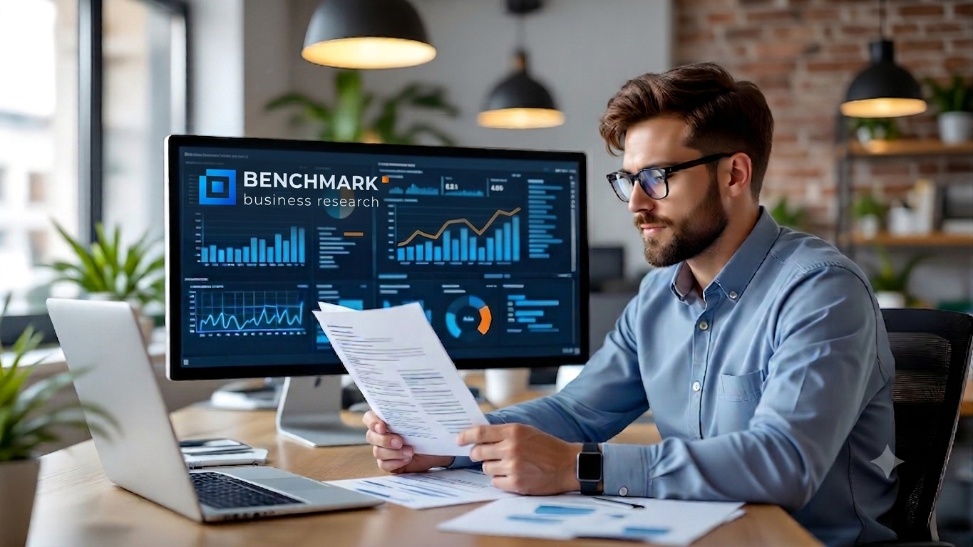 Analyst reviewing business research report with data dashboards