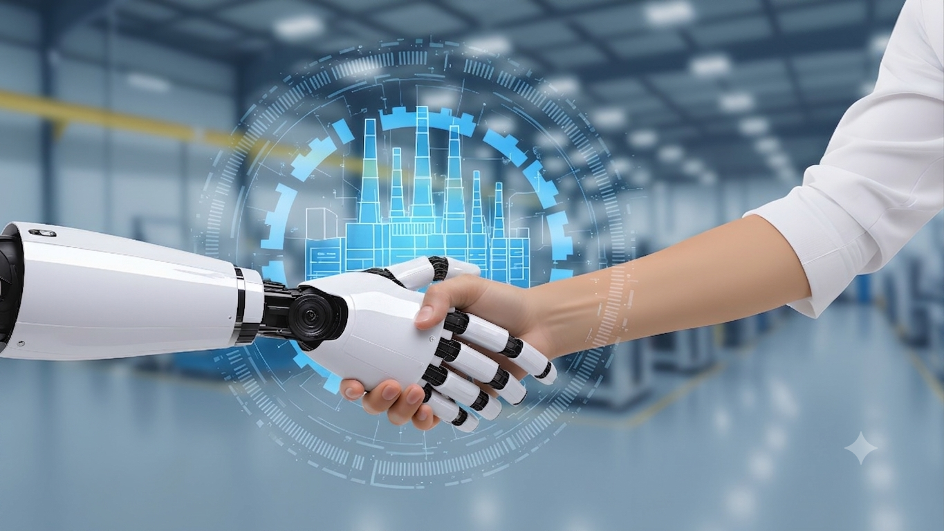 Human and AI collaboration — handshake between robot and human hands